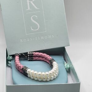 NIB Ross -Simons Sterling Silver Braided Pink Leather Pearls Bracelet 7.5in